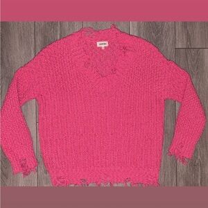 Adora Women’s Size Medium Hot Pink Sweater V-neck Chunky Warm Distressed EUC